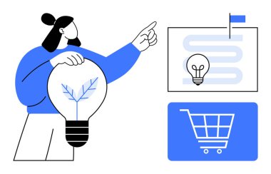 Elinde yapraklı sürdürülebilir ampul tutan bir kadın yol haritasını ve alışveriş arabasını işaret ediyor. Yenilik, e-ticaret, sürdürülebilirlik, strateji planlaması, pazarlama, eko-ticaret ve sade iş için ideal