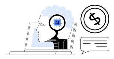 Laptop ekranında yapay zeka çipi, dolar sembolü ve konuşma balonu olan insan kafası silueti. Teknoloji, yapay zeka, yenilik, finans, iletişim otomasyonu dijital dönüşüm için ideal. Düz basit