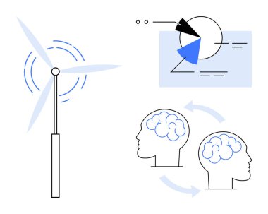 Enerji ve insan kafası üreten rüzgar türbini fikirleri paylaşıyor yenilenebilir enerji, işbirliği, yenilik, sürdürülebilir teknoloji, öğrenme, enerji verimliliği, düz basit metafor
