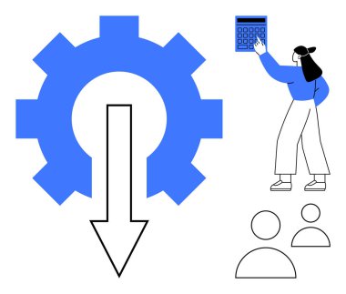 İniş takımları, kaynak tahsisini denetleyen bir kadın eşliğinde verimliliği sembolize eder. Kullanıcı simgelerini içerir. Üretkenlik, yönetim, iş akışı, tasarruflar ve takım için ideal
