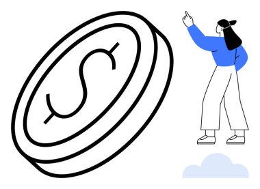 Yükselen kişinin işaret ettiği büyük bir para madeni büyümeyi, hırsı ve tasarrufu simgeliyor. Ekonomi, zenginlik, yatırım, iş bankacılığı başarısı için ideal. Düz basit metafor