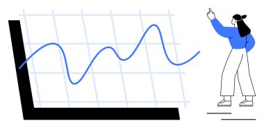 Şebeke çizelgesindeki yükselen çizgi grafiğini gösteren kadın. Veri analizi, iş büyümesi, sunum, ölçüm, istatistik, strateji ve performans için ideal. Düz basit metafor