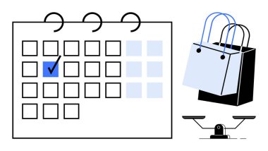 İşaretli bir takvim, alışveriş torbaları ve planlama, alışveriş ve dengeyi gösteren bir denge terazisi. Zaman yönetimi, perakende, planlama, ticaret organizasyonu için ideal