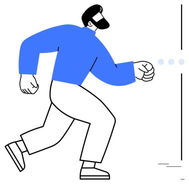 Mavi gömlekli, beyaz pantolonlu, kasıtlı yürüyen, yumruk kaldırılmış, kararlılığı, eylemi ve hedefleri simgeleyen kendine güvenen bir adam. Liderlik için ideal, hırs, motivasyon, ilerleme başarısı