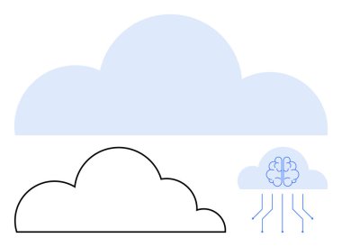 Büyük mavi bulut, ana hatları belirlenmiş bulut ve sinirsel ağı ve dijital çizgileri olan daha küçük bulut. Teknoloji, yapay zeka, bulut hesaplama, yenilik, dijital dönüşüm veri akışı için idealdir. Düz