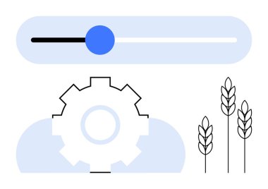 Bir dişlinin üstündeki sürtünme kontrolü ve buğday sapları tarım teknolojisini, otomasyonu ve kaynak yönetimini sembolize ediyor. Çiftçilik, teknoloji, yenilik, üretim, sürdürülebilirlik için ideal