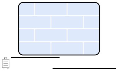Açık mavi dikdörtgen tuğla desenli koyu siyah çizgili, minimal siyah çizgili ve küçük bavul ikonlu. Yapı, inşaat, basitlik, organizasyon, minimalizm, istikrar, düz