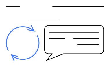 Metin satırlı konuşma balonunun yanındaki dairesel ok döngüsü birbirine bağlı süreci ve iletişimi sembolize ediyor. İş akışı, ilerleme süreci, geri bildirim, takım çalışması, işbirliği için ideal