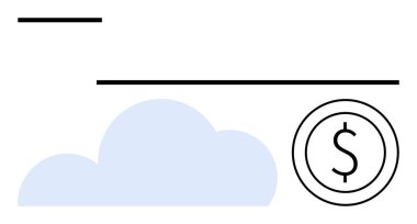 Mavi bulutlu sadeleştirilmiş sahne, daire şeklinde dolar işareti ve yatay çizgiler. Finans, bankacılık, teknoloji, e-ödemeler, yatırımlar ekonomik sistemleri gölgelemek için ideal. Düz basit metafor