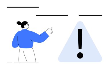 Belirgin ünlem işaretiyle büyük uyarı üçgenine doğru bireysel jestler, tetikte olmayı vurguluyor. Tedbir, bilgilendirme, güvenlik, farkındalık, dikkat, talimat ve kritik