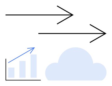 Yukarı ok grafiği çubuklarla, ileri işaret eden oklar ilerlemeyi simgeliyor, yumuşak bulut ögesi yenilik ve veri depolamayı öneriyor. Büyüme, ilerleme, yenilik, analitik ve teknoloji için ideal