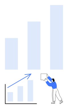 Bir kişinin grafiğe aktif olarak eklediği gibi, yukarı doğru ok ile çizilen grafik büyüme ve başarıyı simgeliyor. İlerleme, takım çalışması, iş, üretkenlik, hedef belirleme, yatırım sade