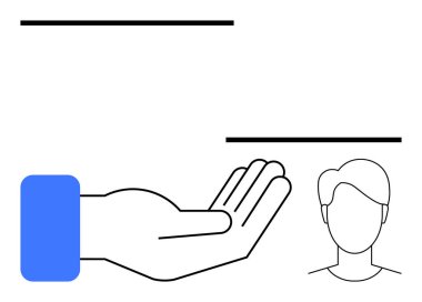 Yüzü olmayan bir baş figürünün yanında uzanmış el, ilgiyi, iletişimi ve bağlantıyı sembolize ediyor. Destek için ideal, takım çalışması, vermek, servis güven etkileşimi. Düz basit metafor