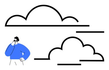 Mavi elbiseli bireyin kalın çizgili bulut motiflerini ve yatay elementleri analiz ettiğini düşünüyoruz. Yaratıcılık, fikirler, içgözlem, problem çözme, beyin fırtınası, yenilik, düz basit metafor için ideal