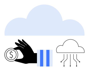 Bulutların yanında el ele tutuşmuş, üzerinde büyük bulut şekilleri olan paralar. Finans, teknoloji, yenilik, bulut hizmetleri, yatırım, dijital dönüşüm, ekonomi için idealdir. Düz basit