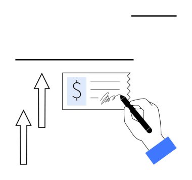 Elle imzalanan bir çek ve yükselen oklar iş büyümesi ve gelir artışını gösteriyor. Finans, yatırım, bankacılık, ekonomik büyüme, girişimcilik ve para için ideal