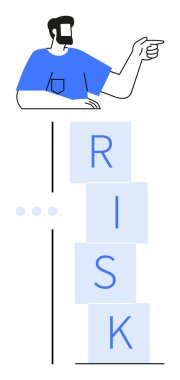 RISK 'i kavramsal bir görsel olarak heceleyen istiflenmiş bloklara doğru hareket eden kişi. Risk yönetimi, karar verme, liderlik, strateji, farkındalık, öngörü, soyut düz çizgi metaforu için ideal