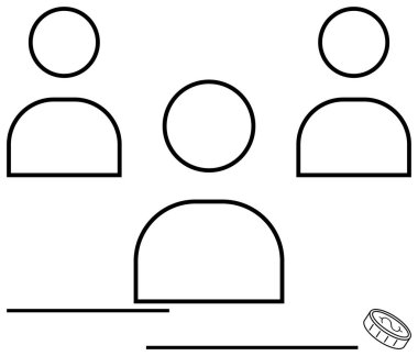 Üç insan figürü ve bir madeni paranın basitleştirilmiş temsili. Takım çalışması, işbirliği, karar verme, kapsayıcılık, grup çabaları, finansal kavramlar veya kaynak tahsisi dairesi için ideal