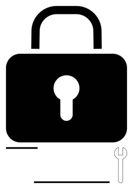 Anahtar delikli siyah kilit ve güvenlik, onarım ve bakımı temsil eden küçük İngiliz anahtarı sembolü. Veri koruması, gizlilik, erişim kontrolü, sistem güncellemeleri, ayarlar, ayarlar için ideal