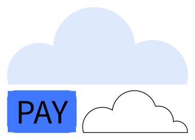 Ödeme metninin vurgulandığı mavi bulut. Altında bulut var. Çevrimiçi ödeme sistemlerini sembolize ediyor. Finans, dijital hizmetler, e-ticaret, yenilik, bulut depolama, teknoloji dairesi için ideal