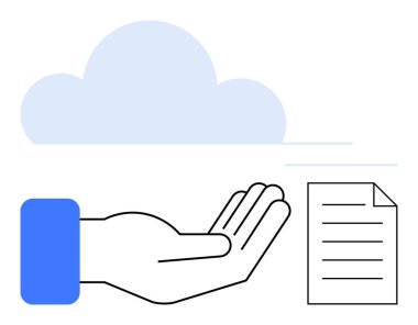 Geniş bir el bulut altında bulut depolama, paylaşma ve erişimi temsil eden bir belge sunuyor. Teknoloji, işbirliği, veri yönetimi, uzak çalışma, dosya aktarımı bulutu için ideal