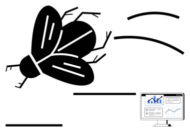 Uçan stilize hata, soyut bir kompozisyonda grafikleri gösteren bir bilgisayar ekranına doğru hareket eder. Siber güvenlik, veri sızıntısı, hata takibi, teknik sorunlar, analizler, yazılım ayıklama için ideal