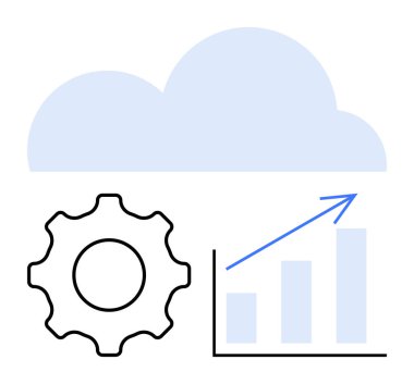 Yukarı doğru ok ve teçhizatlı bulut teknolojiyi, veri işlemeyi, optimizasyonu, verimliliği, büyümeyi, bulut hizmetlerini ve yeniliği simgeliyor. İş için ideal, bilişim ilerlemesi dijital