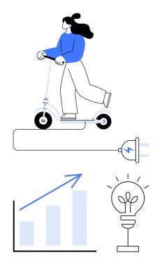 Elektrik prizine bağlı elektrikli scooter kullanan bir kadın, büyüme çubuğu grafiği ve ampulün yanında. Sürdürülebilirlik, enerji, yenilik, hareketlilik, verimlilik, büyüme yaratıcılığı için idealdir. Düz