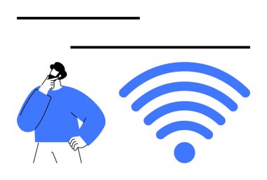 Önde gelen bir mavi kablosuz sinyal ikonu, bağlantı, iletişim ve teknolojinin sembolü. Ağ oluşturma, teknoloji, yenilik, uzak çalışma, problem çözme için ideal