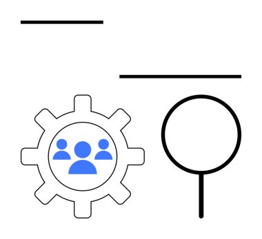 Takım simgeleri, büyüteç ve işbirliğini, takım yönetimini, problem çözmeyi temsil eden doğrusal şekiller. Takım çalışması, araştırma, planlama, strateji proje yönetimi için ideal