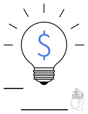 Merkezinde dolar işareti olan bir ampul, finansal büyüme, yenilik ve yaratıcı fikirleri simgeliyor. İş, yatırım, girişimcilik, ekonomi, strateji ve yenilik için ideal