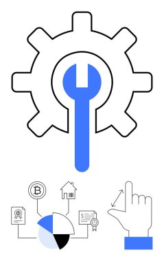 Ana tema olarak vites ve anahtar, Bitcoin, grafikler, gayrimenkul, sertifikalar ve dokunmatik ekran etkileşimi ile bağlantılı. Bakım, engelleme zinciri, finans analitik gayrimenkul için ideal