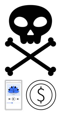 Kemik çakışması, müzik çalar, dolar işaretleri, korsanlık, telif hakkı, yasadışı medya kullanımı. Etik, suç ve hukuk ekonomisi için ideal teknoloji eğitimi farkındalığı. Düz basit