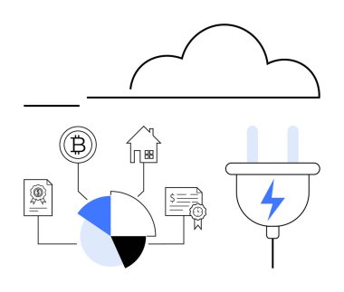 Enerji dolgusu, kripto para birimi, gayrimenkul, sertifika ve finansal dökümanlara bağlı bulut grafiği. Yenilik, teknoloji, enerji, kripto para birimi verileri için ideal dijital