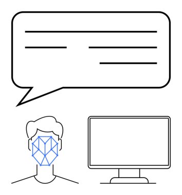 İnsan figürünün yüz taraması, konuşma balonu ve ana hatları. Yapay zeka, siber güvenlik, dijital iletişim, biyometrik, teknolojik yenilik, sinir analizi ve insan-bilgisayar için ideal