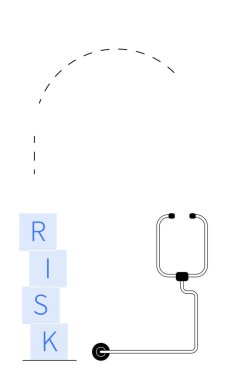 RISK 'in steteskopa doğru devrilmesi tıbbî zorlukları ve belirsizlikleri simgeliyor. Sağlık, risk yönetimi, hasta bakımı, sigorta ve önleme stratejileri için ideal