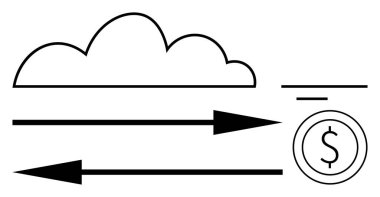 Oklu bulut veri akışını sembolize ediyor, para bozdurma ve çevrimiçi işlemleri temsil eden dolar sikkesi ile eşleştiriliyor. Teknoloji, finans, bulut hizmetleri, veri yönetimi, e-ticaret için ideal