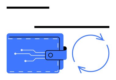 Devre desenli mavi cüzdan ve işlem sürecini, dijital ödemeleri ya da finansal teknolojiyi sembolize eden dairesel oklar. Para, teknoloji, güvenlik, finans, yenilik ve e-ticaret için ideal