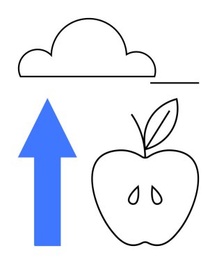 Yukarı bakan mavi ok, yapraklı ve tohumlu elma, basit bulut ve çizgi. Sürdürülebilirlik, tarım, büyüme, doğa, çevre dostu kavramlar için idealdir. Düz basit metafor