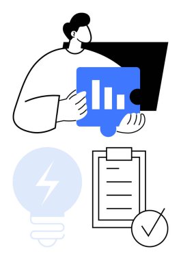 Adamın elinde bar çizelgesini gösteren mavi yapboz parçası var. Kenesi olan bir kontrol listesi, fikirler için ampul, ve monitör takım çalışması, planlama, yaratıcılık ve yenilik öneriyor. Üretkenlik ve strateji verileri için ideal