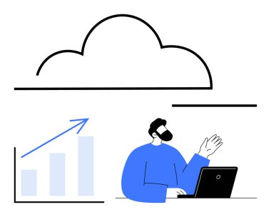 Bulut grafiğinin altında dizüstü bilgisayar kullanan bir profesyonel, yanında da yükselen bir bar tablosu. Teknoloji, uzaktan çalışma, veri analizi, büyüme, bulut hizmetleri, üretkenlik ve ticaret için ideal