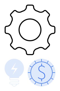 Ampul ve dolar simgeleriyle tamamlanan vites sembolü, fikirleri, enerjiyi ve değer yaratmayı vurguluyor. Yenilik, strateji, finans, takım çalışması, enerji verimliliği işi için ideal