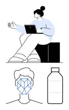 Bir kutuya oturmuş dizüstü bilgisayarda yazan kadın, kafasında geometrik yüz tanıma çizgisi, ve plastik şişe. Teknoloji, yapay zeka, sürdürülebilirlik, geri dönüşüm, uzaktan çalışma minimalizmi için idealdir. Düz basit