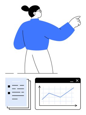 Analizlere, kağıt dökümanlarına ve büyüme eğilimlerini gösteren grafik penceresine bakan biri. İş stratejisi, veri takibi, sunum, takım çalışması, analitik, hedef belirleme için ideal düz