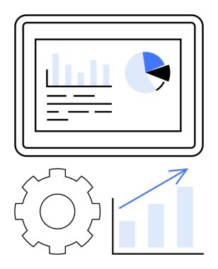 Tablet vitrin çizelgeleri, barlar ve pasta grafiği. Yakın teçhizat ikonu ve yukarı doğru ok çizelgesi ilerleme, optimizasyon, analitik, takım çalışması, iş büyüme stratejisi karar verme mekanizması öneriyor. Düz basit