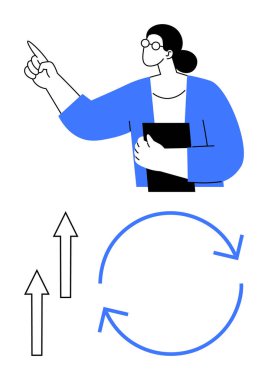 Elinde oklar ve dairesel döngü grafikleri olan bir kitap tutarken el kol hareketi yapan bir kadın. Büyüme, ilerleme, eğitim, öğrenme, hedef belirleme, yenilik, düz basit kavramları için ideal