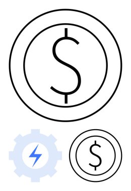 İçinde yıldırım olan bir dişlinin yanında büyük bir madeni para sembolü. Finans, yenilik, tasarruf, verimlilik, teknoloji, yatırım, otomasyon için ideal. Düz basit metafor