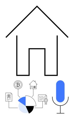 Evin ana hatları kripto para birimi, pasta grafiği, ev, belge ve mikrofon gibi simgelerin üzerinde. Gayrimenkul, finans, dijital teknoloji akıllı ev analitiği yatırım yeniliği için idealdir. Düz