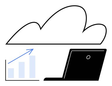 Bir dizüstü bilgisayarın yanında büyüyen bir çubuk grafiğinin üzerinde bulut, veri depolama, iş büyümesi, dijital bağlantı, teknoloji, analiz, yenilik ve başarıyı temsil ediyor. Teknoloji sektörü için ideal