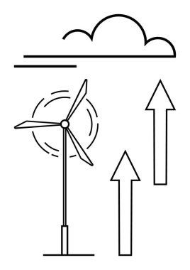 Rüzgar türbini, bulutun altında dönen bıçaklar ve yukarı doğru çıkan oklar enerji akışını, yeniliği ve ilerlemeyi simgeliyor. Sürdürülebilirlik, yeşil enerji, yenilik, büyüme ve çevre için ideal